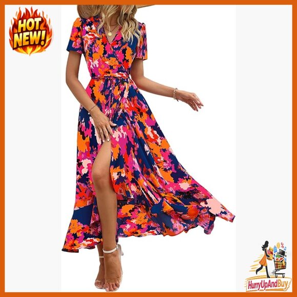 Dresses & Skirts - Boho Floral Maxi Dress Wrap V Neck Short Sleeve Summer Beach Wedding Guest